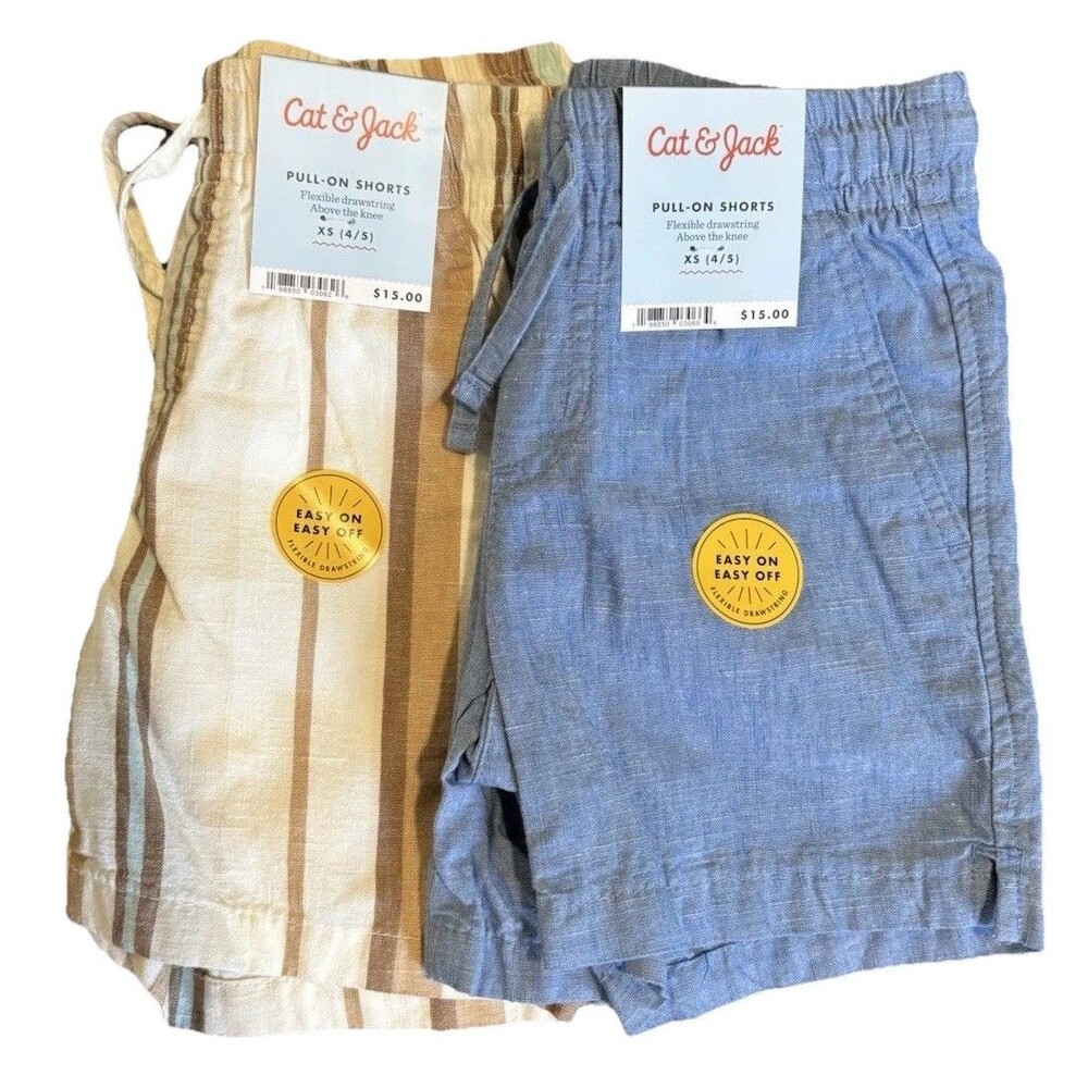 Cat & Jack Boys Pull-On Shorts XS (4/5) Blue Striped Beige Lot of 2